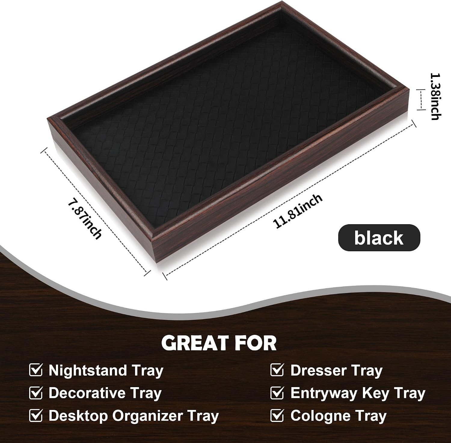 Wooden Valet Tray with Leather Base - Nightstand Catchall Organizer for Cologne, Perfume, Keys, Wallet, Phone, Watch, Jewelry & Sunglasses (Black)