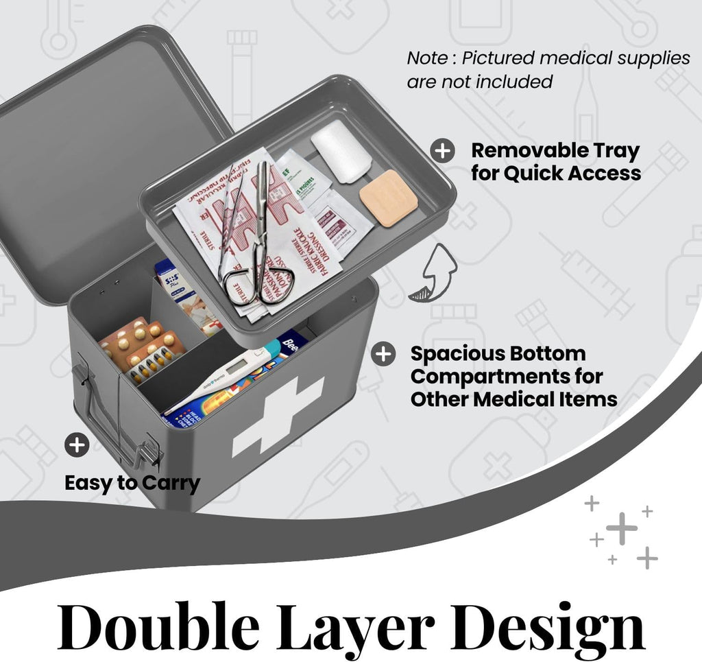Flexzion Medicine Box, Home Pharmacy Box, 33 x 21 x 19 cm, Metal Medication Storage Box for Emergency, First Aid Cabinet, with Side Handles, Removable Tray & 5 Compartments, Grey