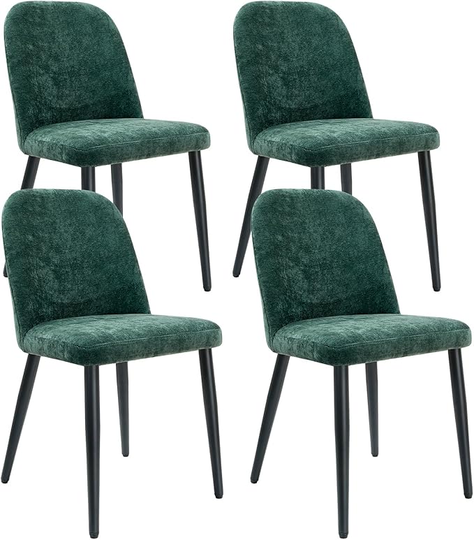 Upholstered Dining Chairs Set of 4, Chenille Mid Century Modern Fabric Dining Room Chair High-Back Padded Kitchen Chairs with Padded Seat and Metal Legs for Kitchen Dining Room Restaurant Cafe, Green