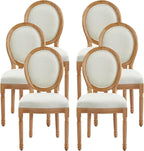 Nrizc French Dining Chairs Set of 6, French Country Dining Chair, Vintage Farmhouse Dining Chairs with Round Back, Solid Wood Beige Fabric Dining Room Chairs, for Kitchen, Bedroom, Dining Room
