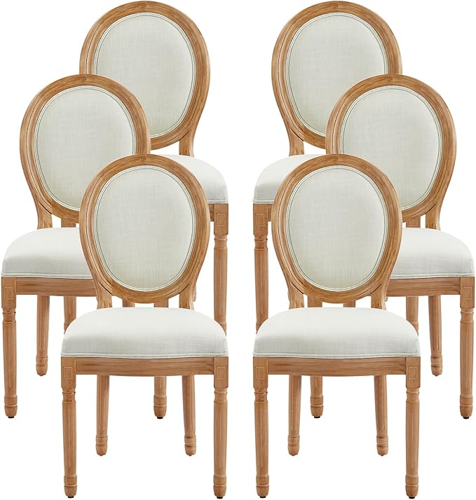 Nrizc French Dining Chairs Set of 6, French Country Dining Chair, Vintage Farmhouse Dining Chairs with Round Back, Solid Wood Beige Fabric Dining Room Chairs, for Kitchen, Bedroom, Dining Room