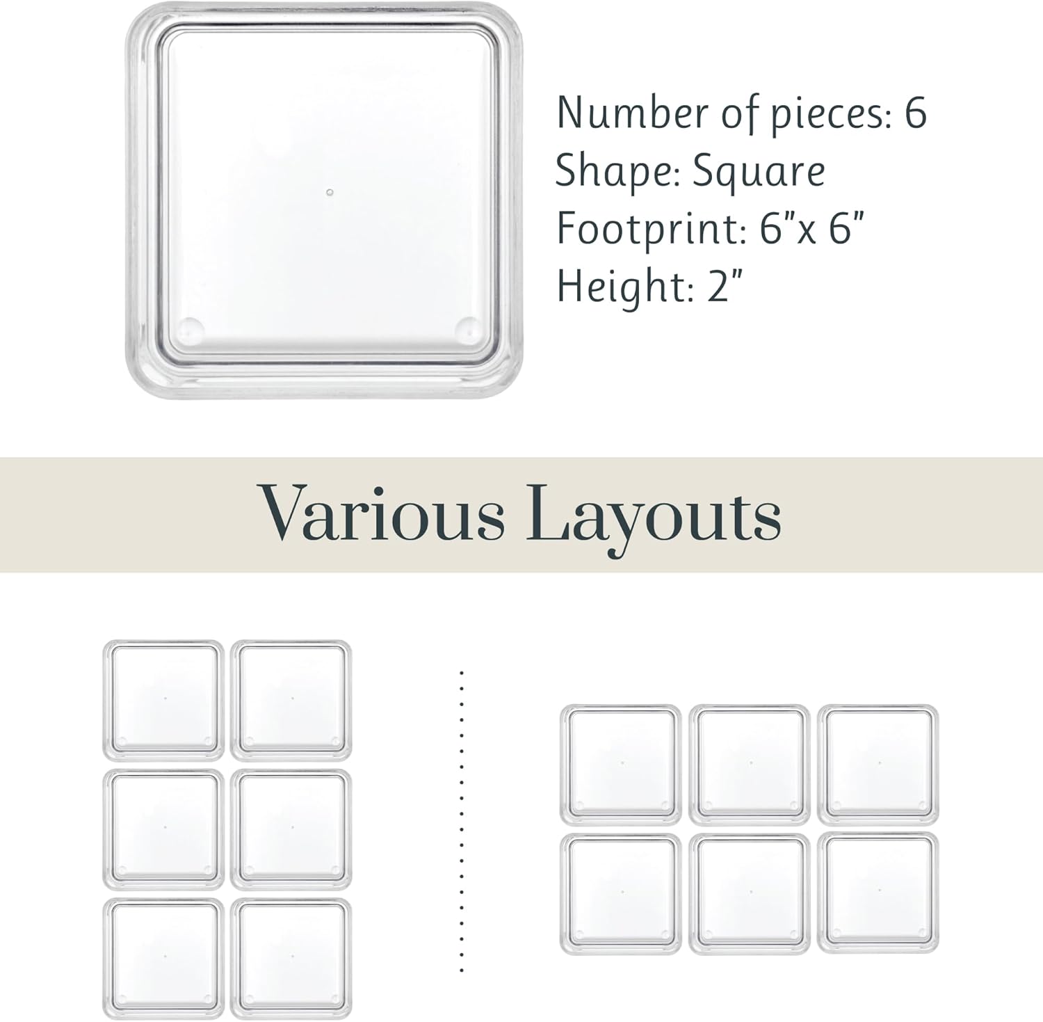 STORi SimpleSort 6-Piece Stackable Clear Drawer Organizer Set | 6" x 6" x 2" Square Trays | Small Makeup Vanity Storage Bins and Office Desk Drawer Dividers | Made in USA
