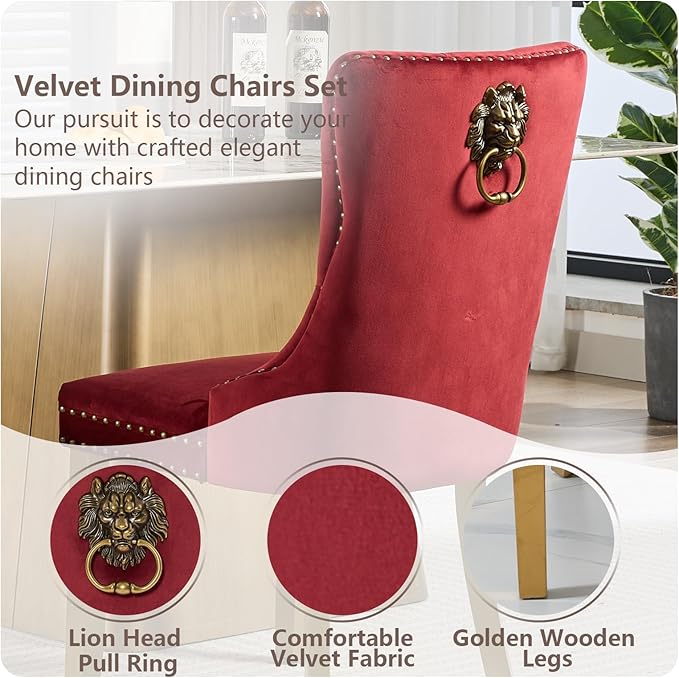 Velvet Dining Chairs Set of 2, Modern Tufted Dining Room Chair, Upholstered Dining Chairs with Lion Head Pulls Ring and Golden Solid Wood Legs, Luxury Kitchen Chairs for Dining Room, Burgundy