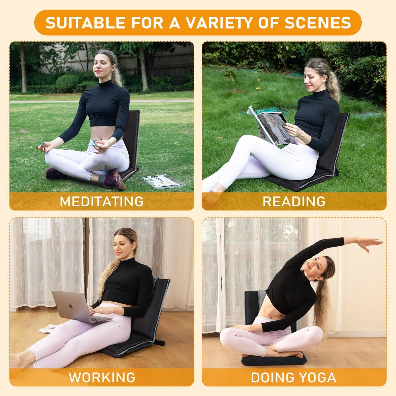 Floor Chair with Back Support 14-Position Adjustable Floor Chair Portable Ground Seating for Adults & Kids Foldable Meditation Seat with Japanese KOYO Bearings & Washable Linen Cover (Black)