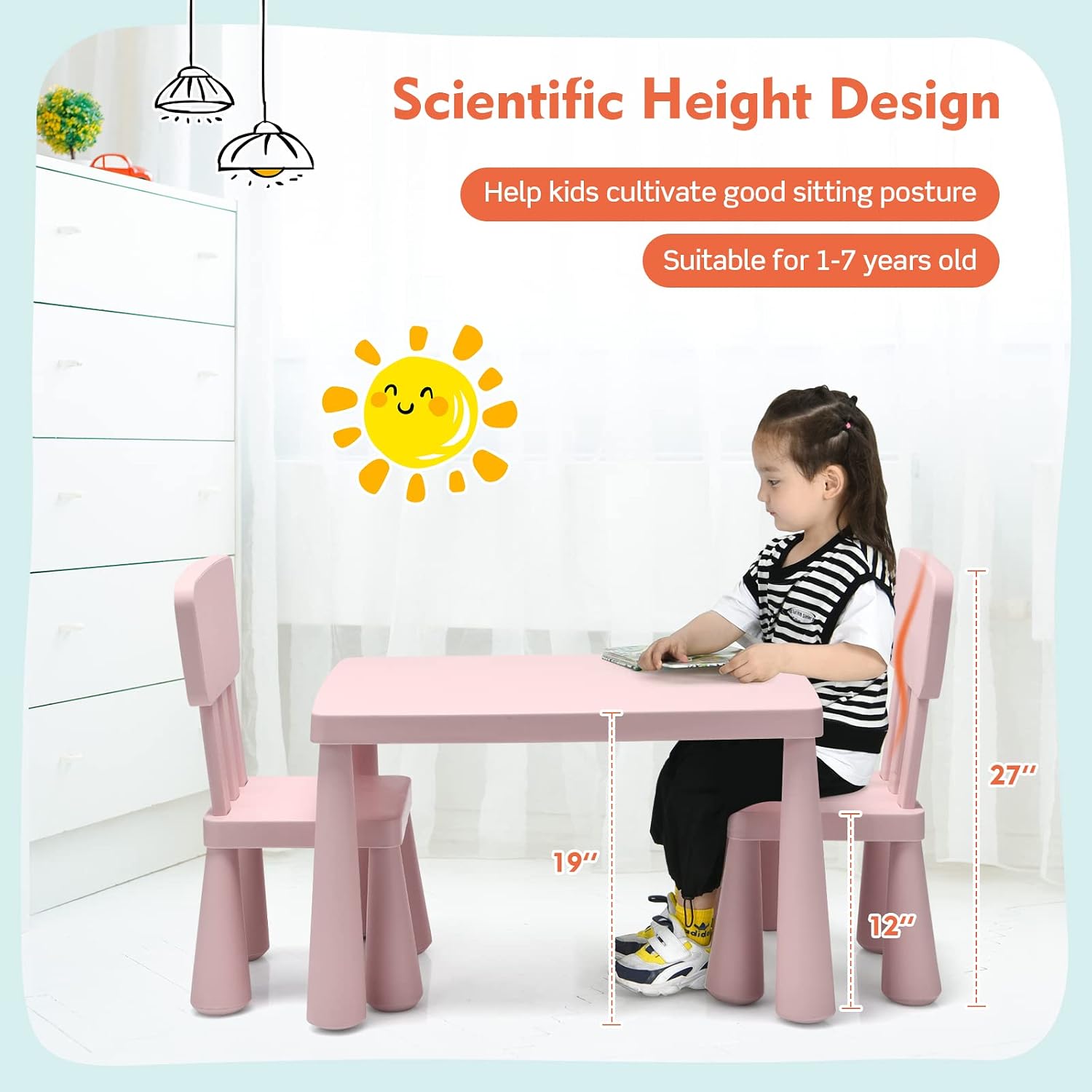 Toddler Table and Chair Set, Plastic Kid Activity Table & 2 Chairs, 3-Piece Children Playroom Furniture Set for Reading, Writing & Painting, Kids Table and Chair Set for Age 3-7 (Pink)