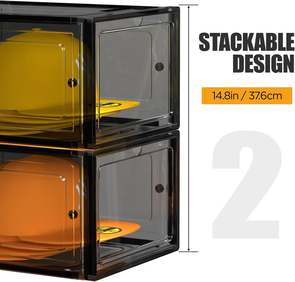 Hat Organizer Box, Stackable Clear Baseball Caps Holder Box Containers with Magnetic Door for Hats Snapback Cap Storag, Hat Rack Display Case, Holds 8 Hats Each (Black, 2 Pack)