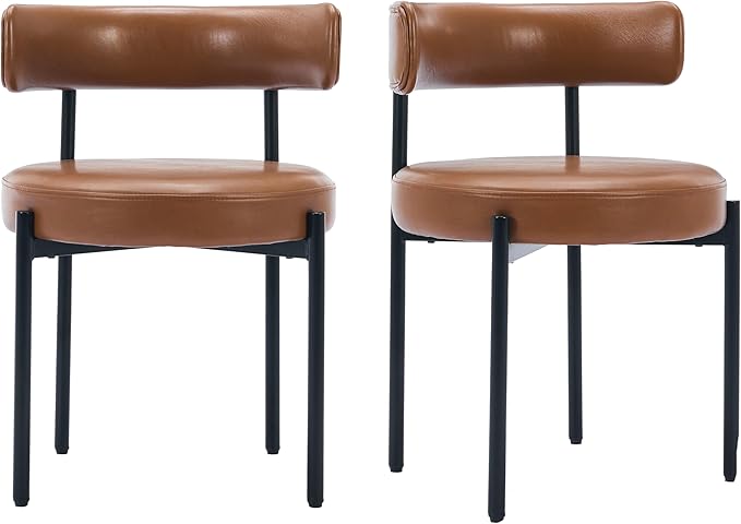 Faux Leather Dining Chairs Set of 4, Upholstered Kitchen and Dining Room Chairs, Mid-Century Modern Dining Chairs with Round Back and Black Metal Legs, Vegan Leather, Brown