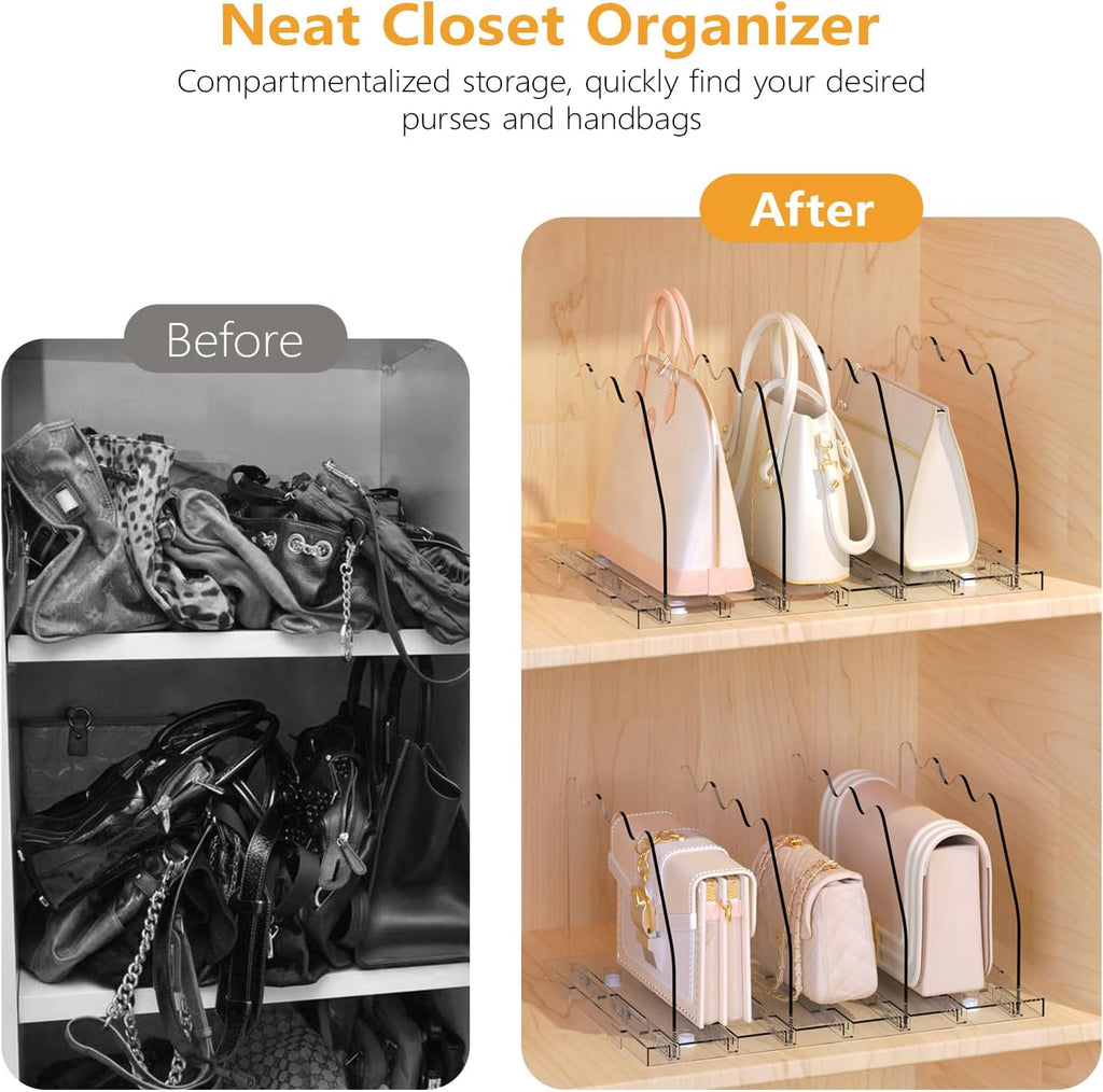 Ronlap Purse Storage Organizer for Closet, Clear Closet Bag Storage Dividers Rack Shelf Purse Dividers for Closet Organization Handbag Separators Closet Purse Organizers and Storage, 2 Pack, Clear