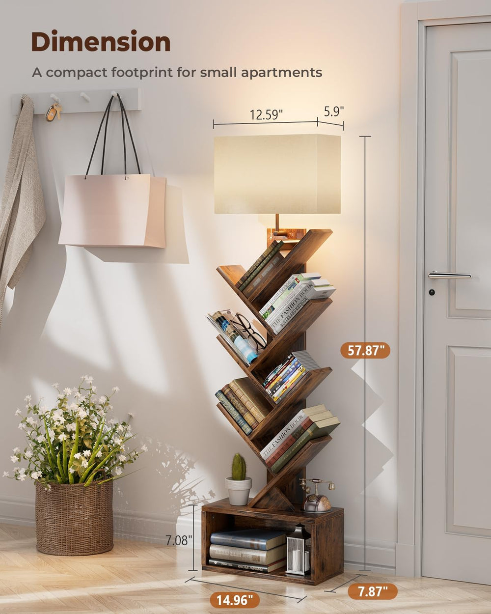 Evermagin 6 Tier Tree Bookshelf with Light, Bookcase, Rustic Brown | Narrow T...