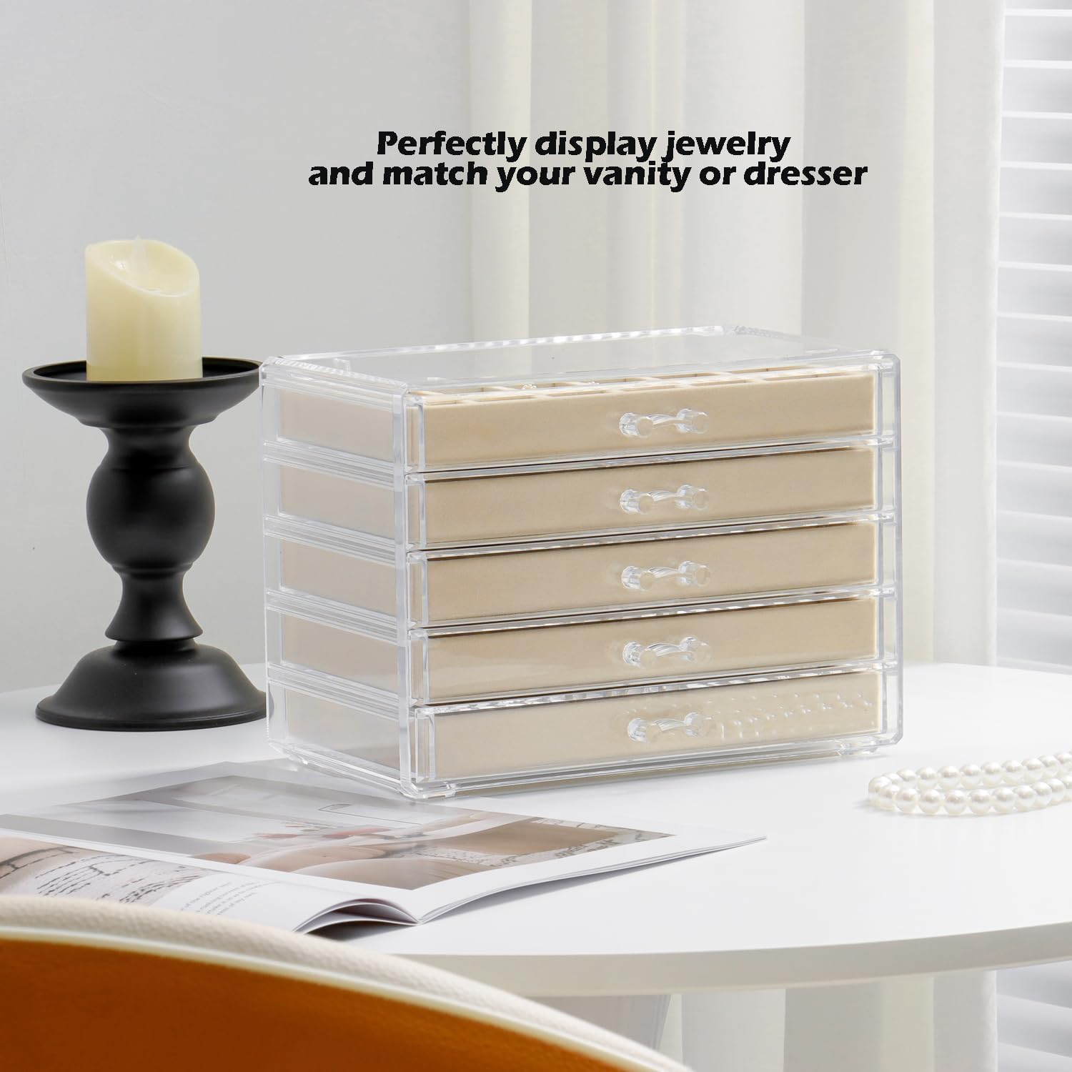 YUFONG Jewelry Organizer with 5 Drawers Clear Acrylic Earring Display Case Velvet Jewelry Storage Box Display Holder for Earring Ring Bracelet Necklace (Beige, 90 Grids)