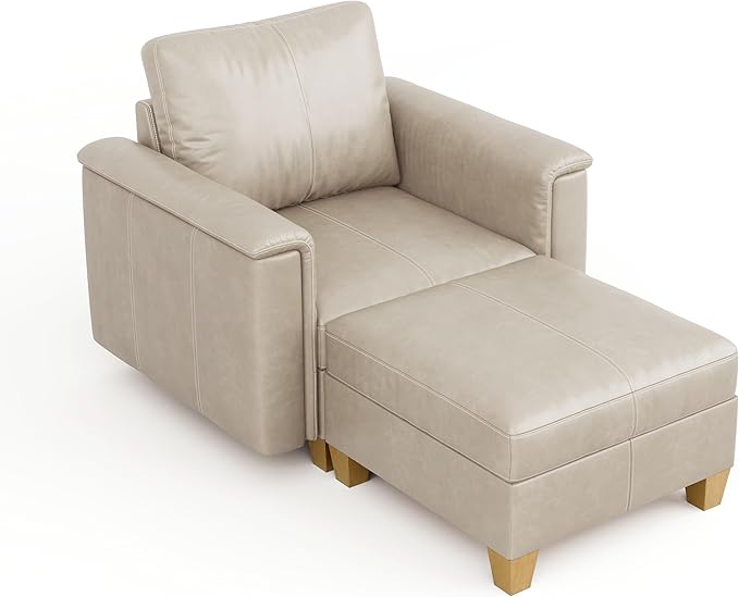 SITJOY Faux Leather Modular Sectional Sofa with Storage, Mid Century Modern Sectional Couches for Living Room, Soft Padded Armrests, Chaise Lounge with Ottoman, Greige