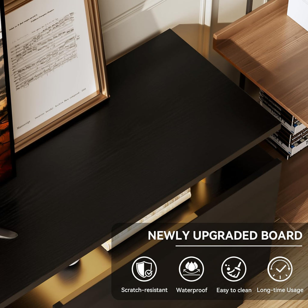 90" Fireplace TV Stand, 2-Tier LED Entertainment Center with 50" Fireplace, Fits TVs up to 100", Modern High Gloss TV Console with LED Lights & Storage Cabinets for Living Room, Black + Black