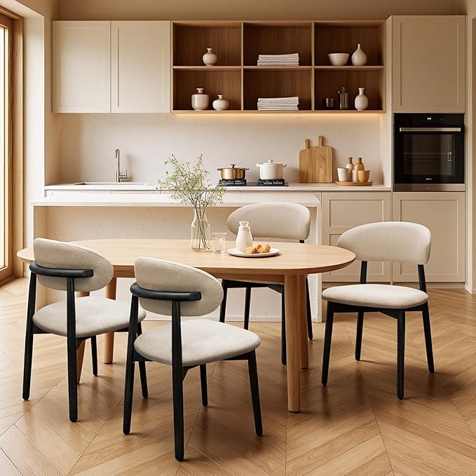 Farmhouse Dining Chairs Set of 6, Mid Century Modern Wooden Dining Room Chairs, Farmhouse Fabric Upholstered Kitchen Dinner Chairs for Living Room Restaurant Cafe, Black/Beige