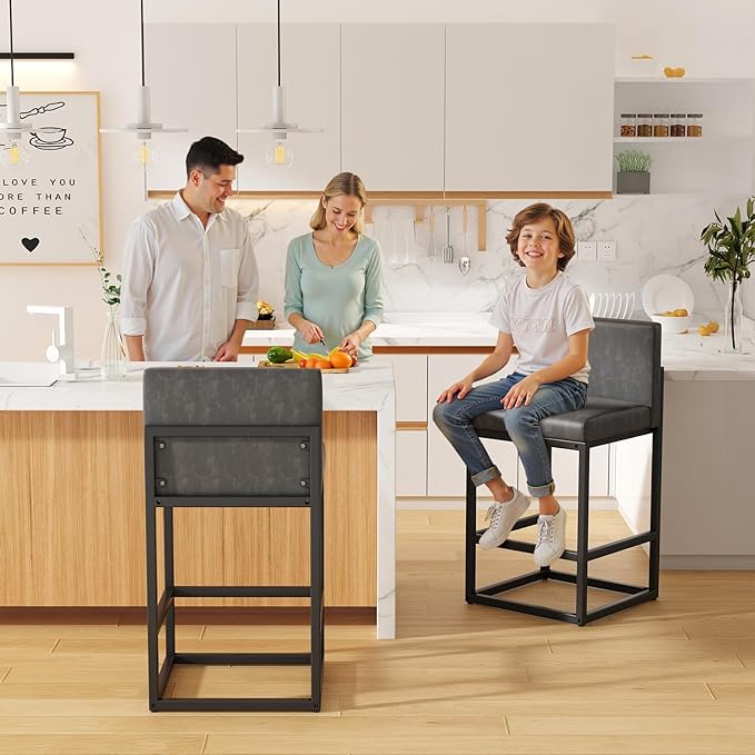 Barstools Set of 4 Grey Metal Bar Stools Modern Bar Chairs Pu Leather for Kitchen Island Counter Height Cafe Resturant Stools, 26 Inch