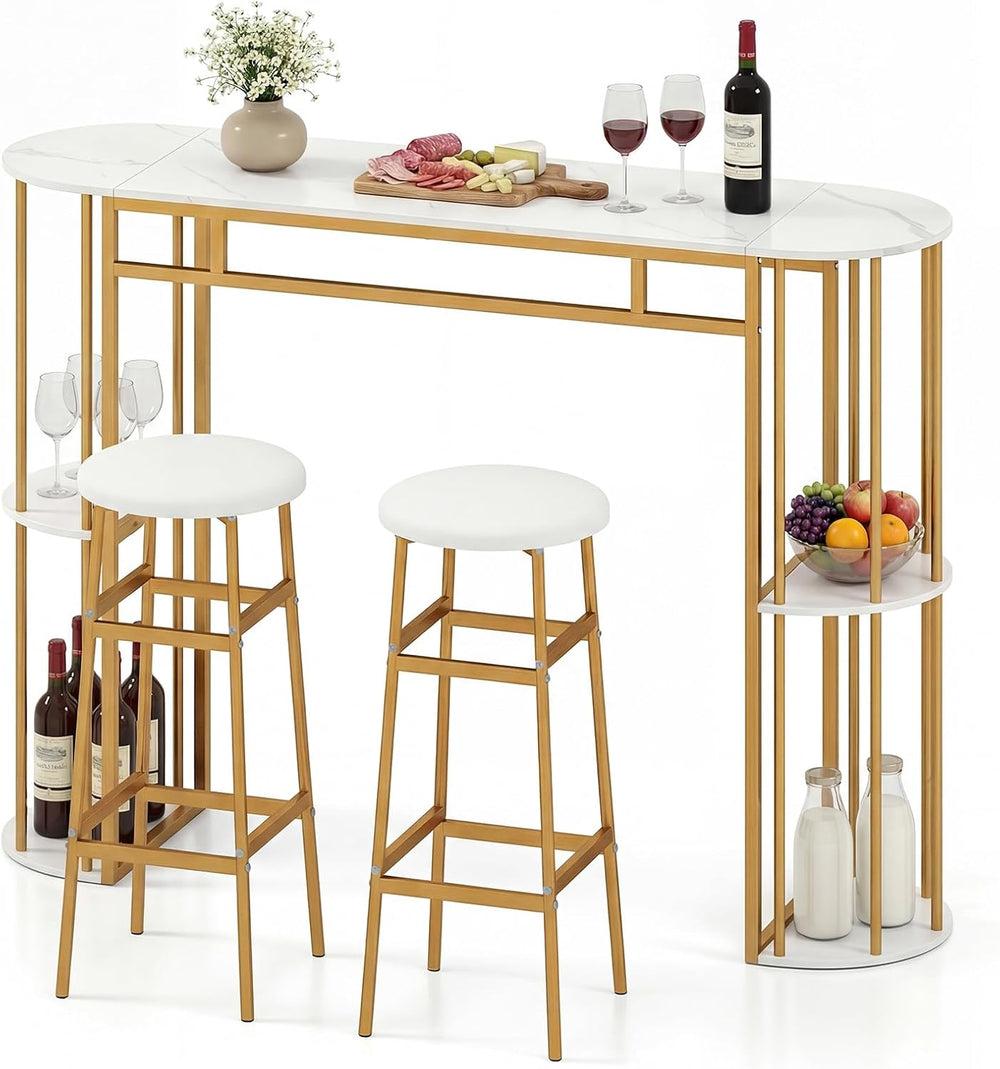 COSTWAY Bar Table Set for 2 with Storage Shelves, 60" Dining Table &...