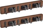 2 Pack Mop Broom Holder Wall Mount with 3 Slots & 4 Hooks - Rustic Wood Broom Mop Hanger for Pantry Kitchen Organization - Garden Tool Organizer for Closet Laundry Room