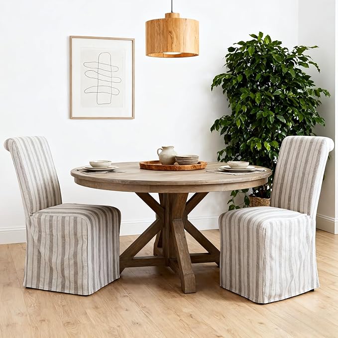 chairus Slipcovered Parsons Dining Chairs Set of 2, Upholstered Dining Room Chairs with Removable Linen Cover & High Back, Modern Farmhouse Wooden Side Kitchen Chairs, Khaki Stripe