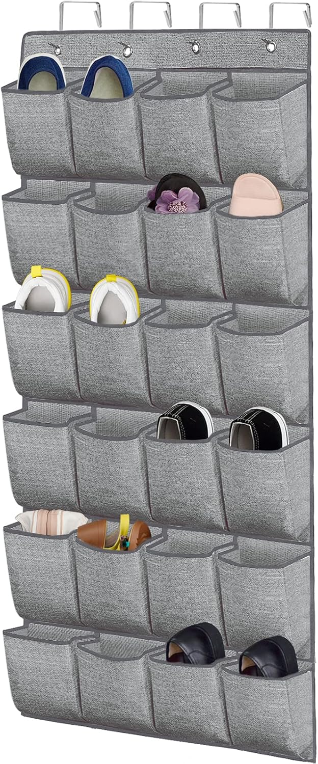 Over the Door Shoe Organizer,Hanging Shoe Rack Storage Holder with 24 Extra Large Fabric Pockets for Closet,Men Sneakers,Women High Heeled Shoes,Slippers,Grey 61.4''x22''