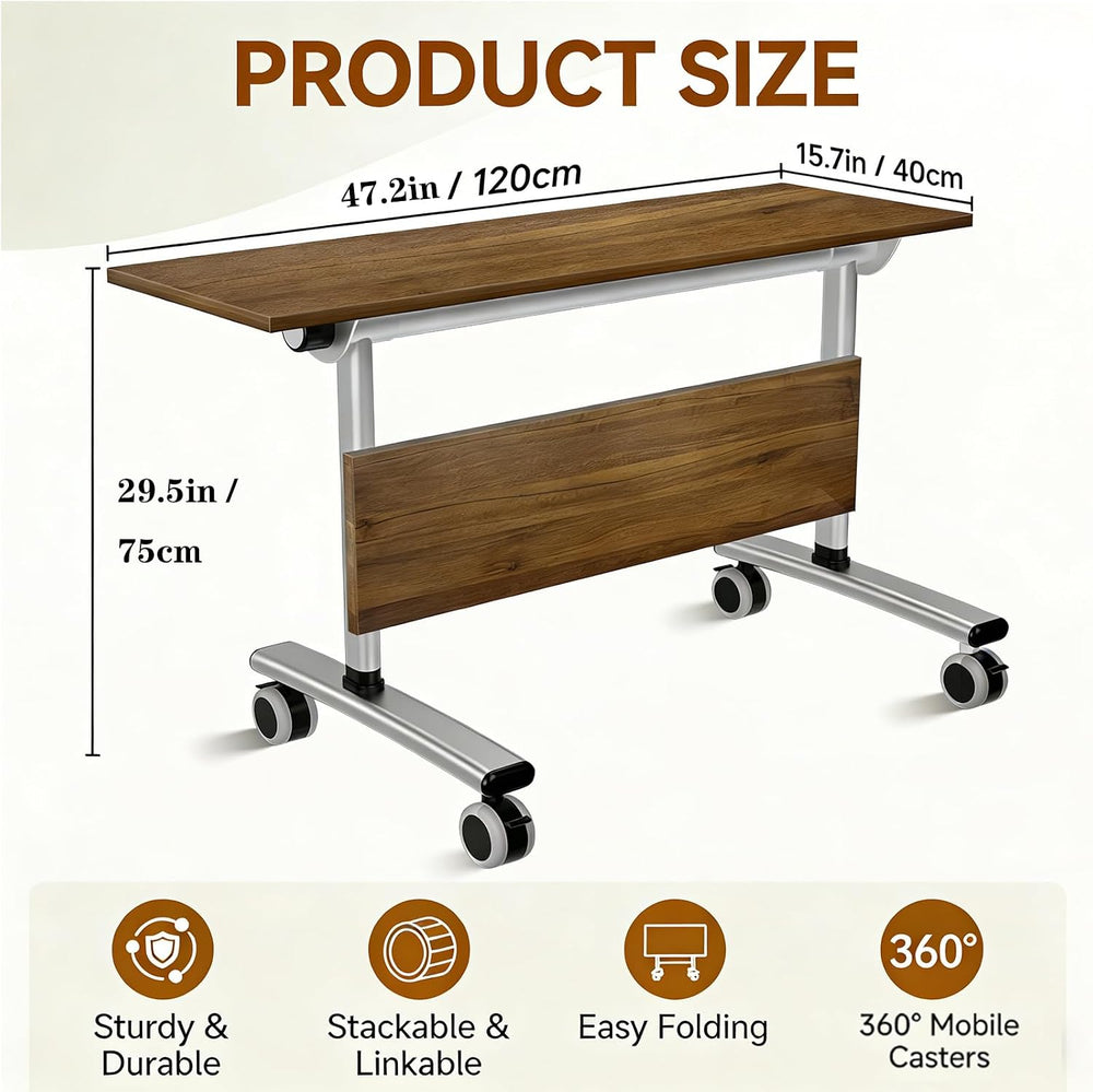 Folding Conference Table with Wheels, 47" Mobile Training Table, Flip To...