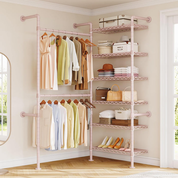 L2 Wall Mounted Closet System, Industrial Pipe Clothing Rack, Pink | Metal Clothes Rack with 2 Telescopic Rods & 6 Shelves, Heavy Duty Closet Organizers for Wardrobe, Reach-in & Walk-in Closets