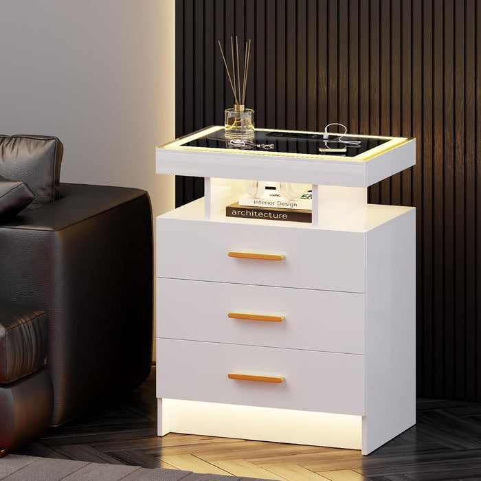 Set of 2 Nightstand with Charging Station and 3 Drawers for Bedroom Black | High Gloss Bedside Table with 3 Color Dimmable Light, LED Night Stand with USB Type-C Port