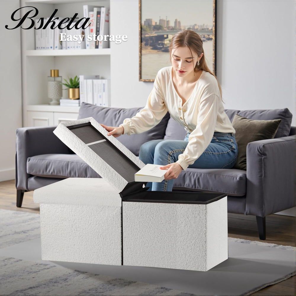 Bsketa Storage Ottoman Bench, 34" Folding Velvet Foot Rest Stool, White ...