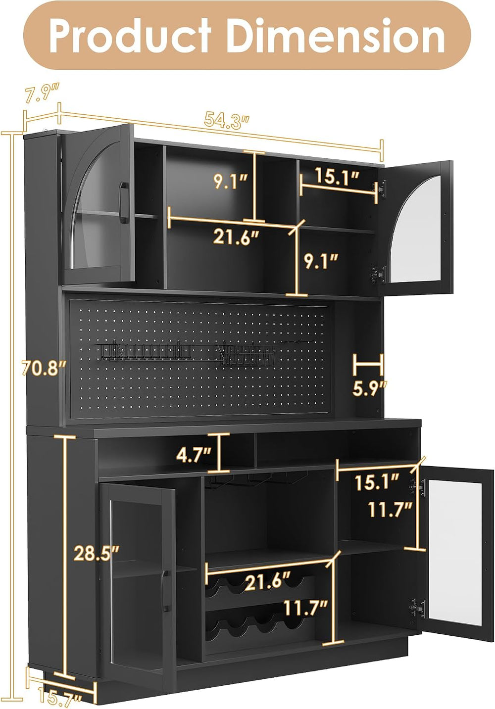 Large Coffee Bar Cabinet LED Wine Pantry Cabinet with Storage Hutch | 70.8&qu...