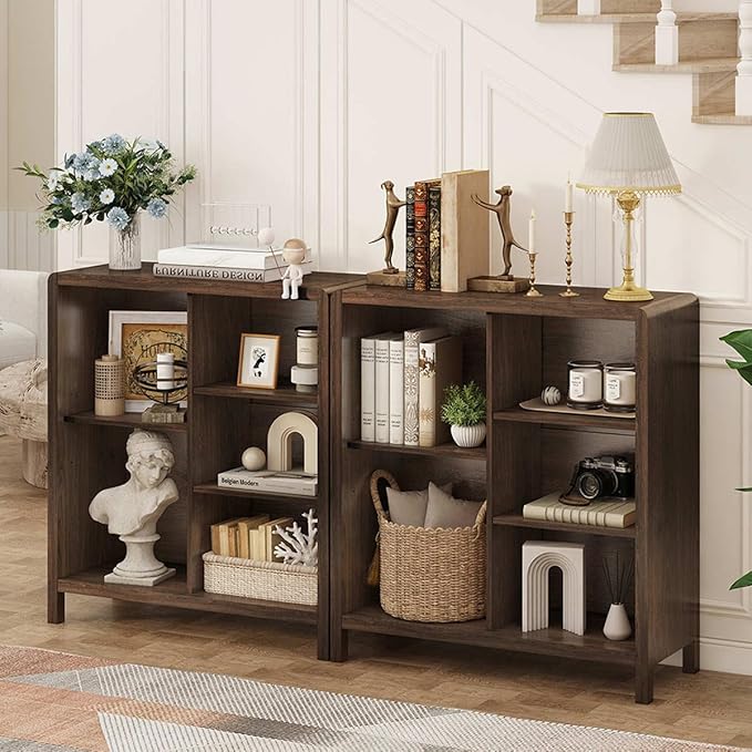 FATORRI 5 Cube Bookshelf, Wood Bookcase with 3 Adjustable Shelves, Farmhouse Cube Storage Organizer Shelf for Small Space Bedroom Living Room (Dark Walnut)