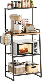 Bakers Rack with Foldable Basket, Large 4 Tiers Coffee Bar Station, Kitchen Microwave Stand with Storage, Metal Shelf Rack for Living Room, Office, Garage (Rustic Brown)