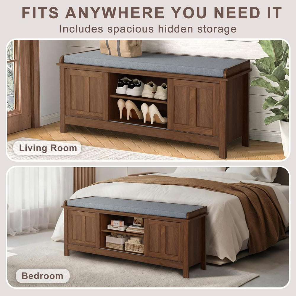 2-Tier Shoe Storage Bench,43" Wooden Shoe Cabinet with Sliding Doors,Wal...