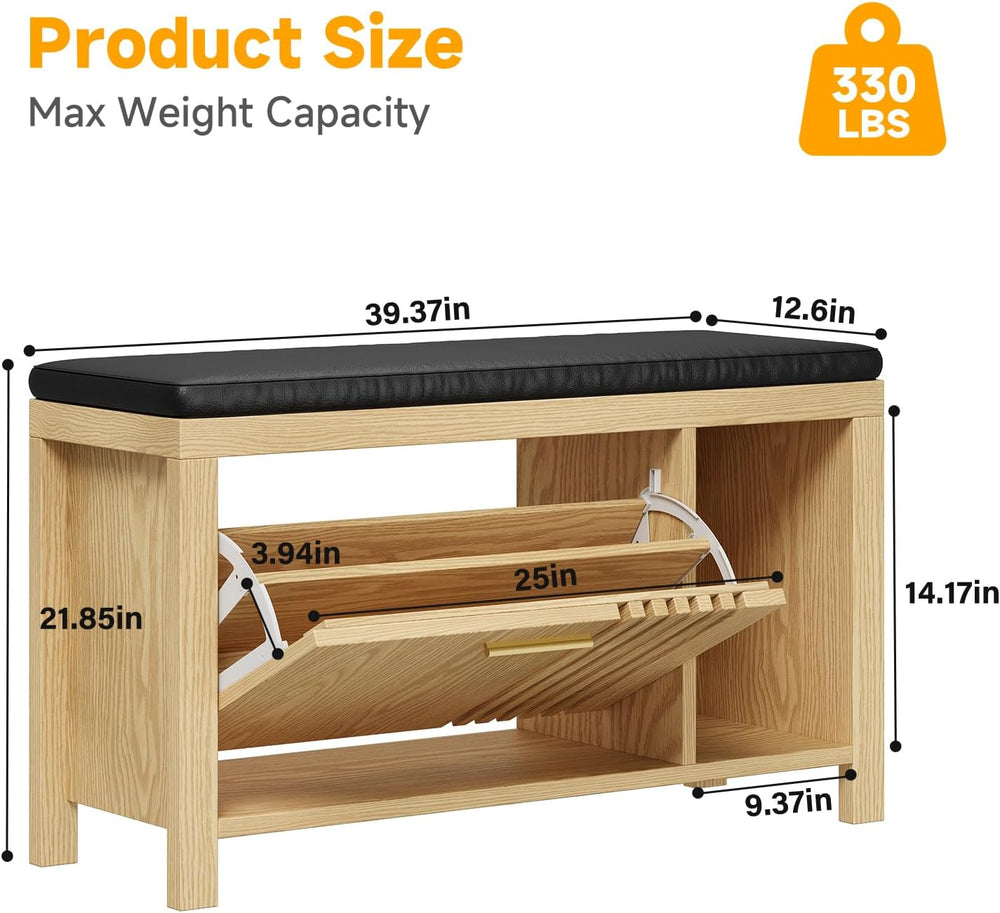 UNIQUITE 40" Shoe Storage Bench with Flip Drawers & Padded Seat Cush...