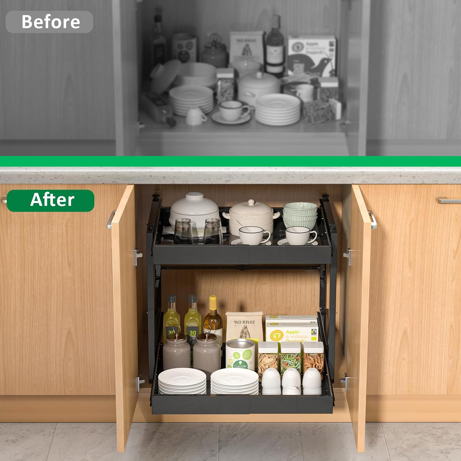 REALINN 2 Tier Pull Out Cabinet Organizer, 21 inch Depth Slide Out Shelves, Expandable 14"-22.5" Wide Heavy-Duty Cabinet Drawers for Kitchen Pots, Pans & Pantry Storage, Black