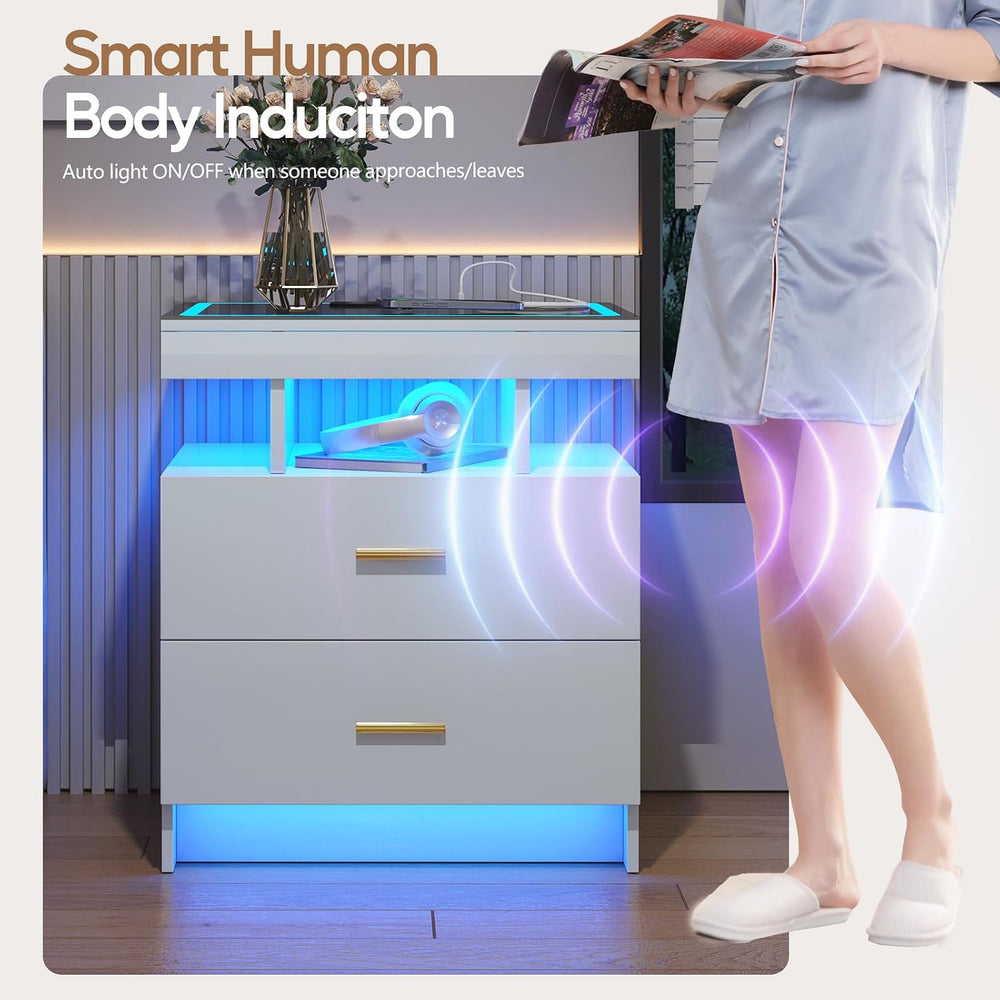 LED Nightstand Set 2 with Charging Station,Motion Senor,White | Night Stand w...