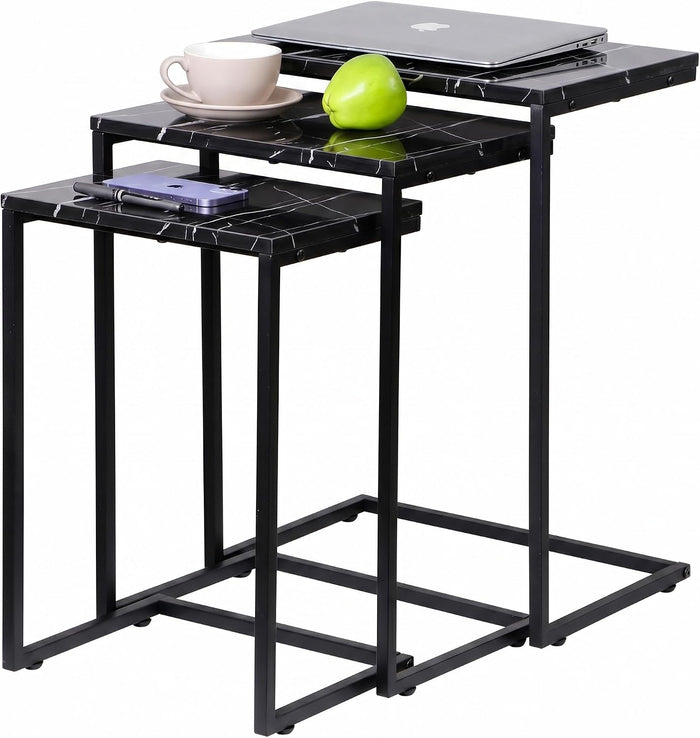 SUPER DEAL Nesting Tables Set of 3, Industrial C Shaped End Table Stackable Coffee Table Heavy Duty Metal Frame for Small Space, Living Room, Bedroom, Side Table Tray for Laptop Snack, Black
