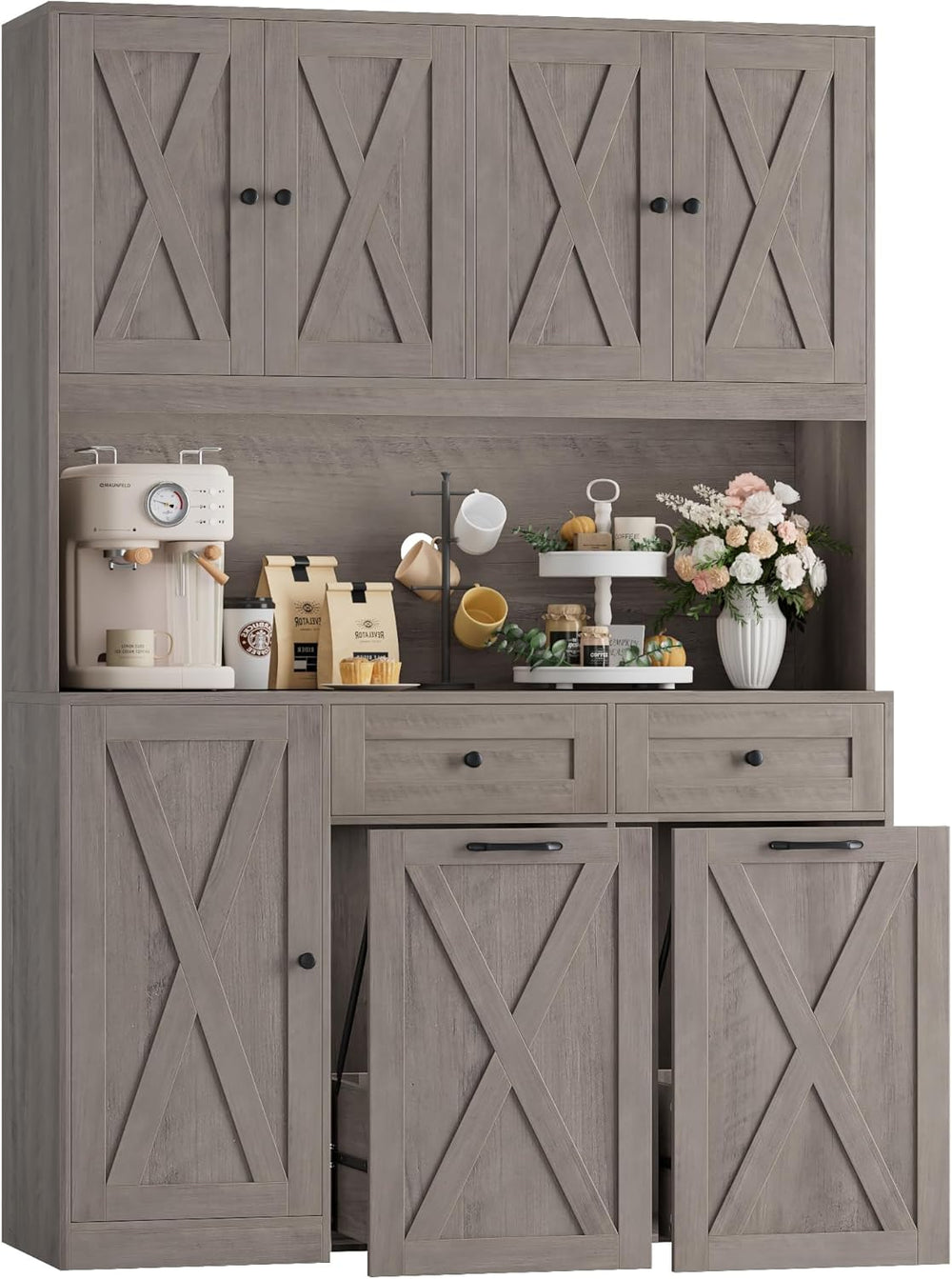 HOSTACK 71" Kitchen Pantry with 12.5 Gallon Double Trash Can Cabinet, Gr...
