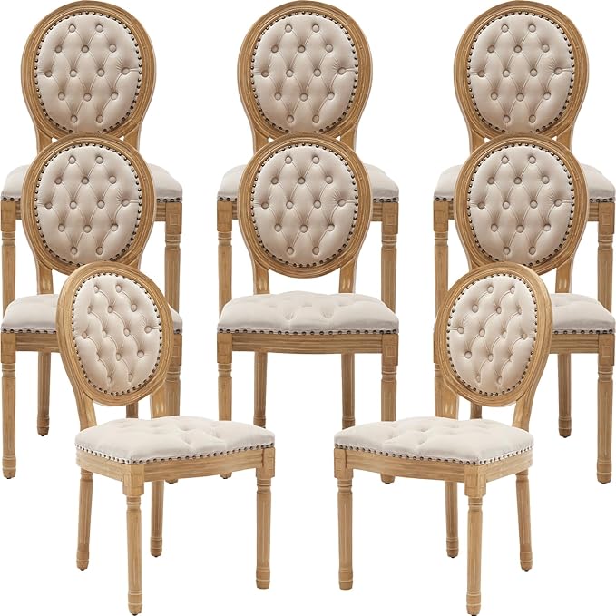 French Country Dining Chairs Set of 8, Beige Kitchen & Dining Room Chairs, Velvet Kitchen Chairs, Tufted Upholstered, Wood Legs, Sillas De Comedor (Velvet, Beige, 8Pcs)