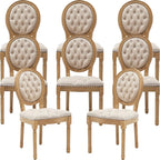 French Country Dining Chairs Set of 8, Beige Kitchen & Dining Room Chairs, Velvet Kitchen Chairs, Tufted Upholstered, Wood Legs, Sillas De Comedor (Velvet, Beige, 8Pcs)