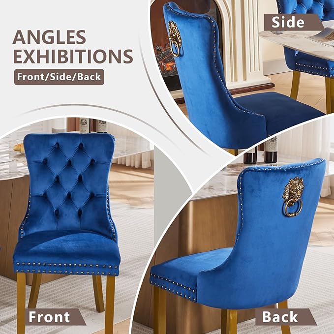 Velvet Dining Chairs Set of 2, Modern Tufted Dining Room Chair, Upholstered Dining Chairs with Lion Head Pulls Ring and Golden Solid Wood Legs, Luxury Kitchen Chairs for Dining Room, Blue