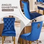 Velvet Dining Chairs Set of 2, Modern Tufted Dining Room Chair, Upholstered Dining Chairs with Lion Head Pulls Ring and Golden Solid Wood Legs, Luxury Kitchen Chairs for Dining Room, Blue