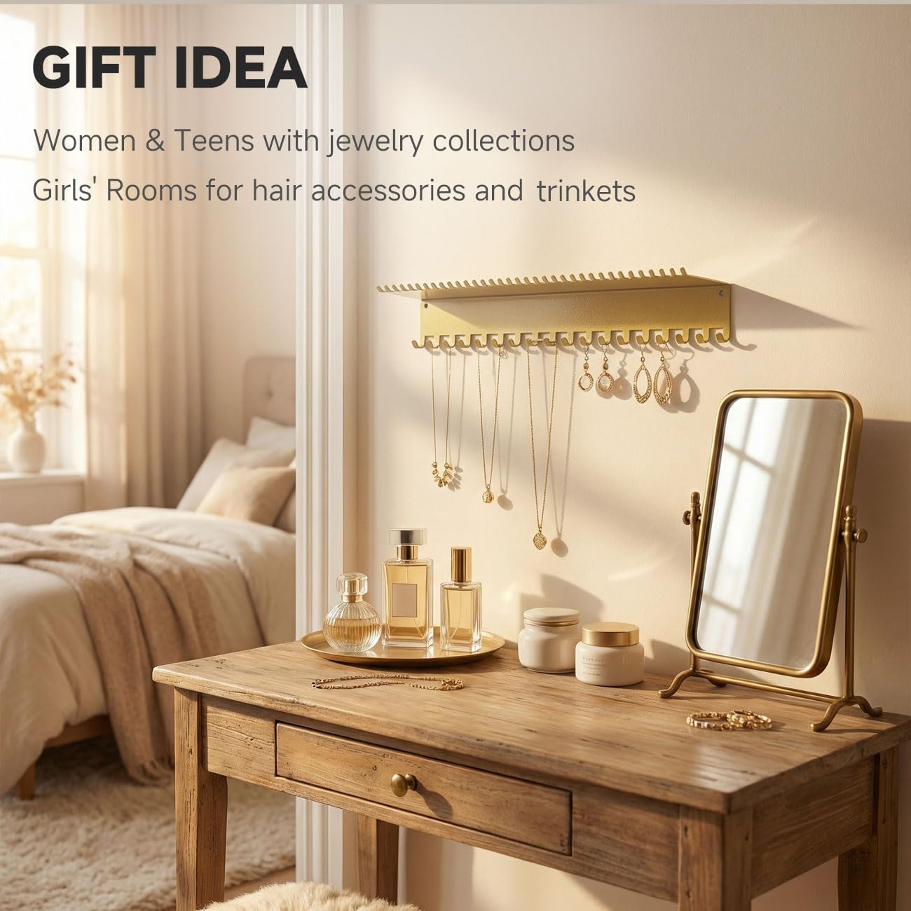 Necklace Jewelry Holder Wall Hanging Organizer Hangers Storage Mounted Shelf with 56 Hooks Tray Display Girls Women Metal Door Earring Mount Key Chains Rack (Gold)