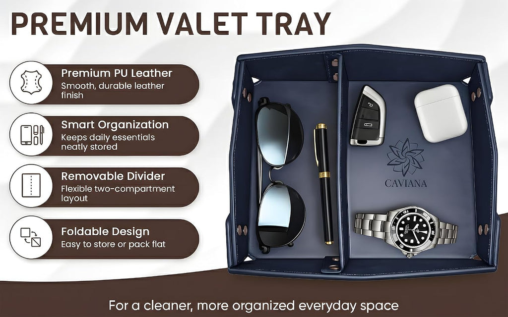 Valet Tray Organizer for Men & Women - PU Leather Catch All Tray with Removable Divider - EDC Storage for Keys, Watch, Phone - Nightstand, Dresser & Desk Organizer - Pacific Navy