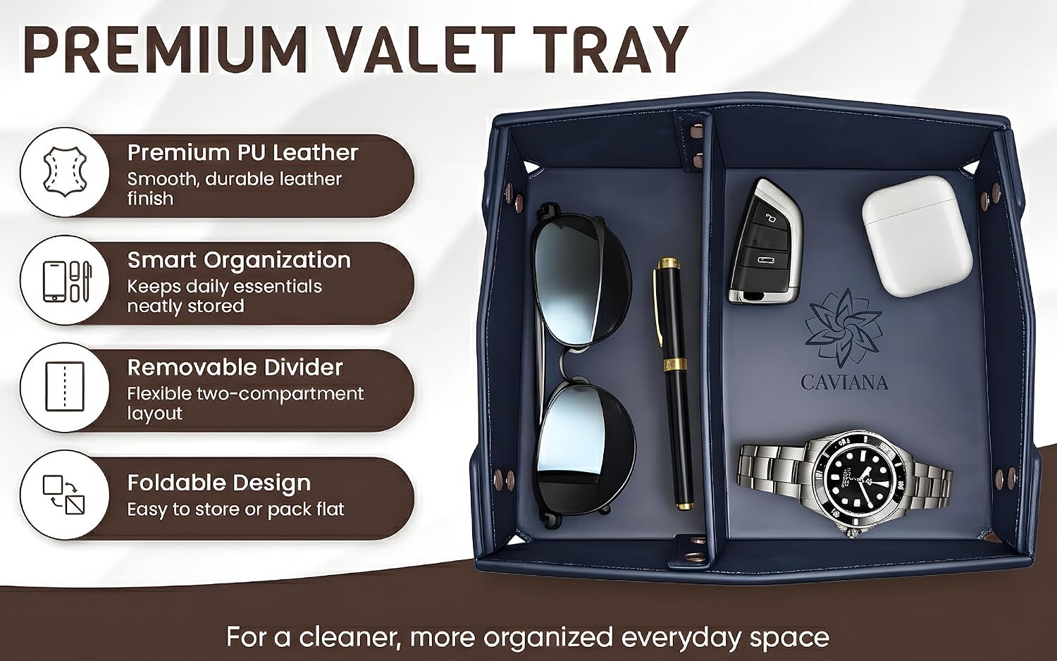 Valet Tray Organizer for Men & Women - PU Leather Catch All Tray with Removable Divider - EDC Storage for Keys, Watch, Phone - Nightstand, Dresser & Desk Organizer - Pacific Navy