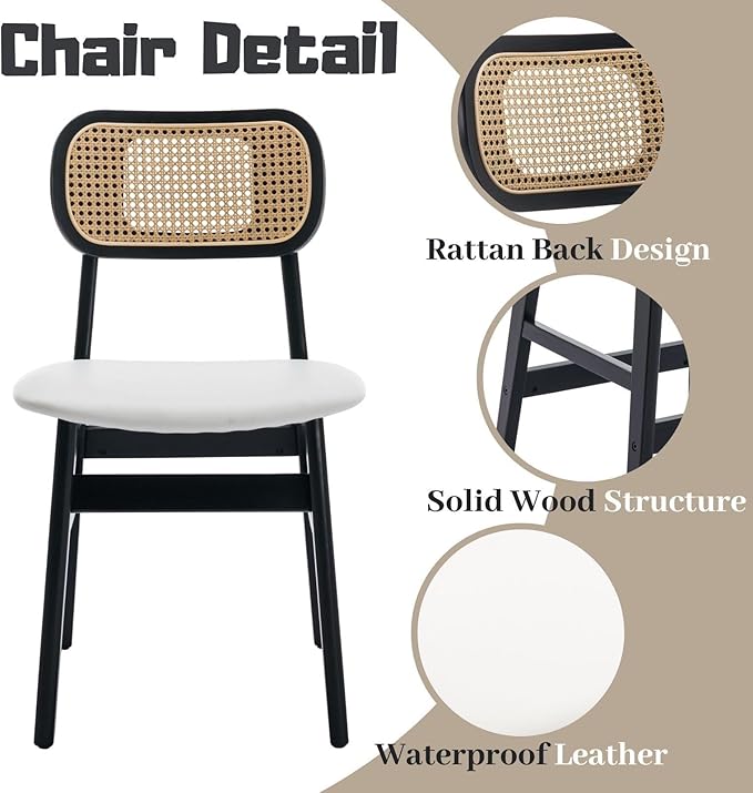 Rattan Dining Chairs Set of 4 Black Wooden Dining Room Chairs White Faux Leather Kitchen Chairs with Back Farmhouse Side Chairs