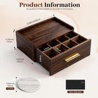 Acacia Wood Tea Bag Organizer with Storage Drawer | 8 Compartments Tea Caddy with Pattern Carving & 2 Ceramic Absorbent Coasters | Wooden Teabag Holder Tea Organizers for Countertop (Walnut)