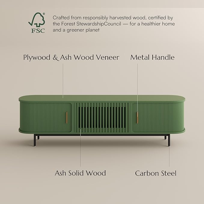 POVISON Fully-Assembled Modern Green TV Stand with Tambour Doors, Fluted TV M...