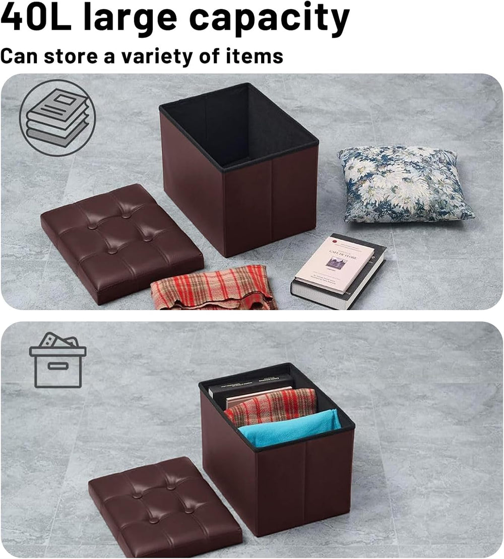 Bsketa Storage Ottoman Bench, 16" Folding Leather Foot Rest, Brown 2 Pac...