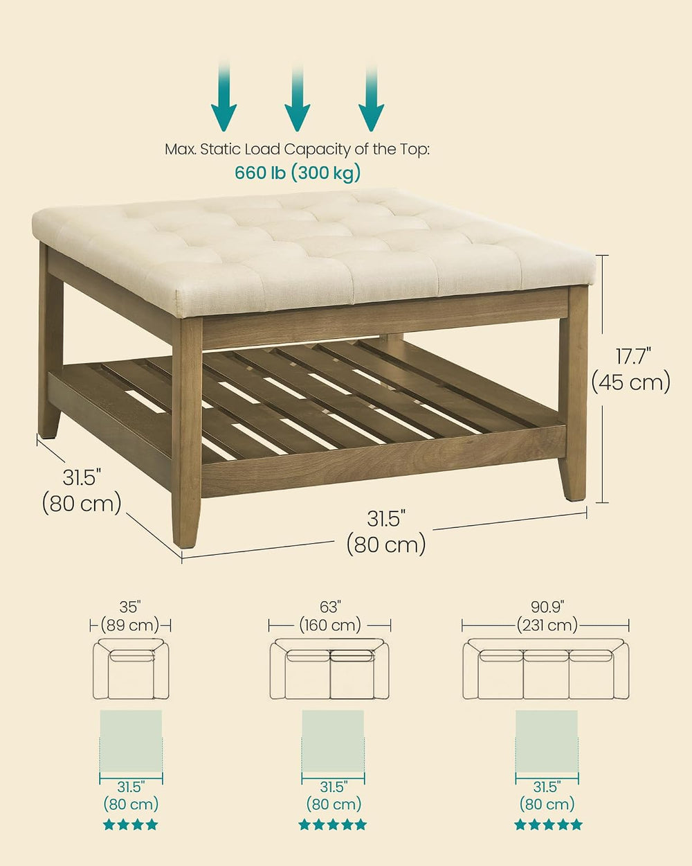 SONGMICS Storage Ottoman with Solid Wood Frame, Square Upholstered Ottoman Co...