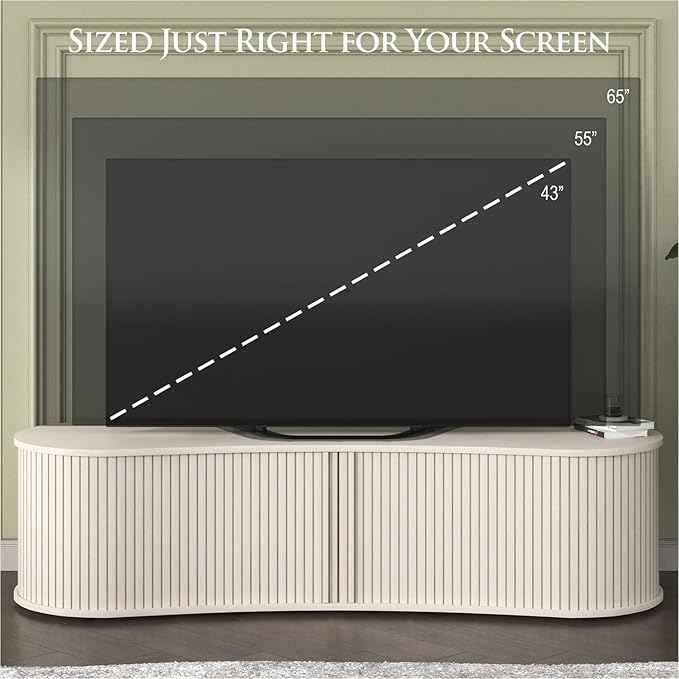 Fluted TV Stand with Storage Cabinet, 59″ Media Console with Sliding Tambour Door, Mid Century Modern Entertainment Center for Living Room, Oval Light Wood TV Stand for Bedroom, Off White