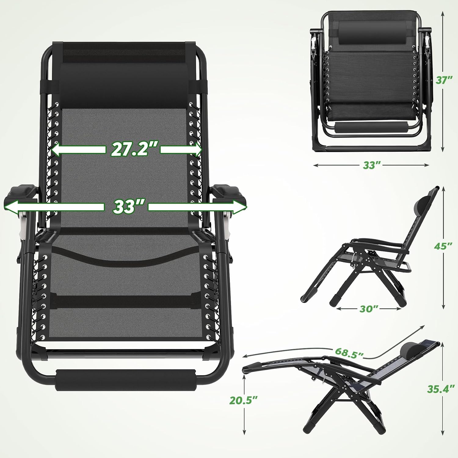 Oversized Zero Gravity Chair, 33In XXL 500LBS with Cushion | Anti Gravity Recliner Lounge Chair with Aluminum Alloy Lock & Footrest, 90-170° Adjustable, for Lawn Patio Indoor Outdoor