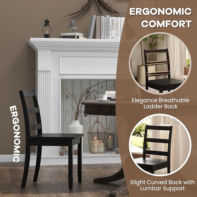 NAFORT Wooden Dining Chairs Set of 6, Black Kitchen Chairs with Solid Rubber Wood Legs, Non-Slip Foot Pads, Max Load of 400 Lbs, Farmhouse Seat Ladder Back Dining Room Chairs